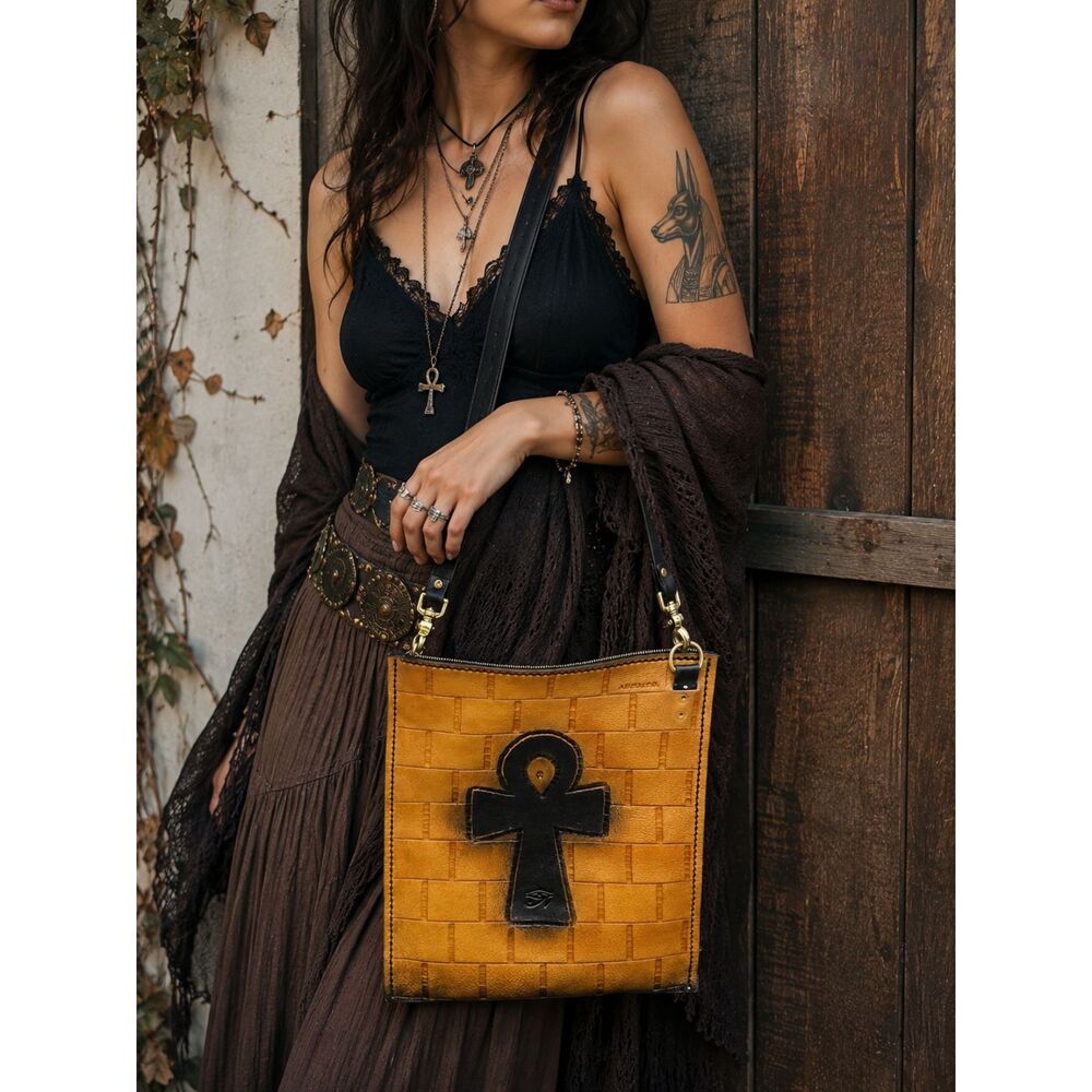 Handmade Ankh Cross Tote Bag Brown & Black Faux Leather  Boho Gothic Purse